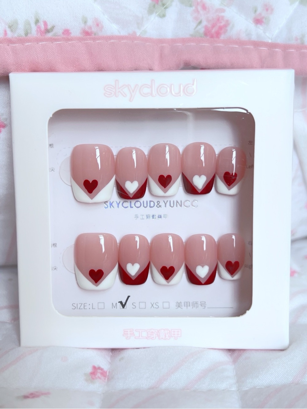 Valentine Press On Acrylic Nails Red White Hearts French Tip Square Short